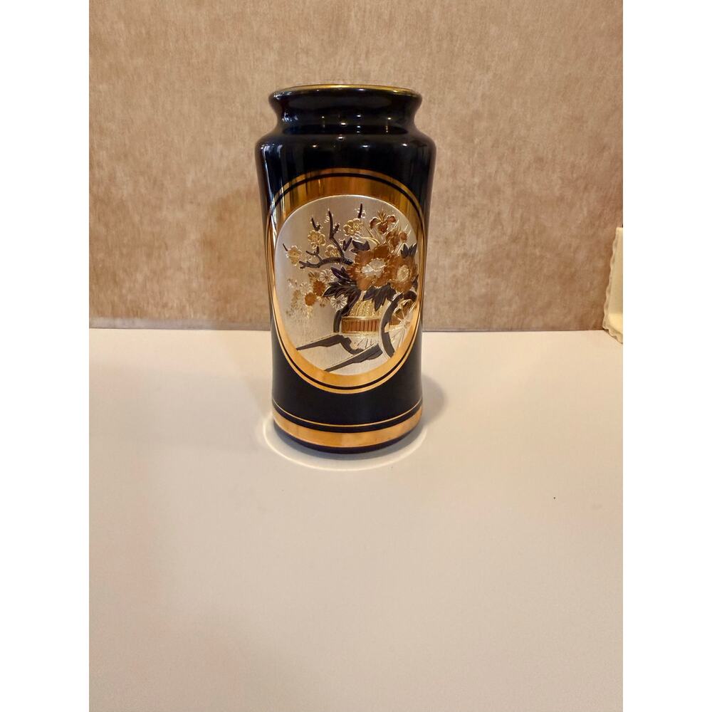 Vintage 11" Art Chokin Japanese Vase 24K Gold Gilded Imperial Flower Cart Black - Picture 3 of 12